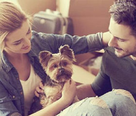 Pareja feliz acariciando a su perro